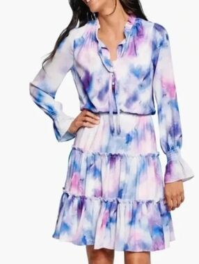 ELLEN TRACY Tie Dye Watercolor Tiered Long-Sleeve Dress in Pink, Blue, Purple